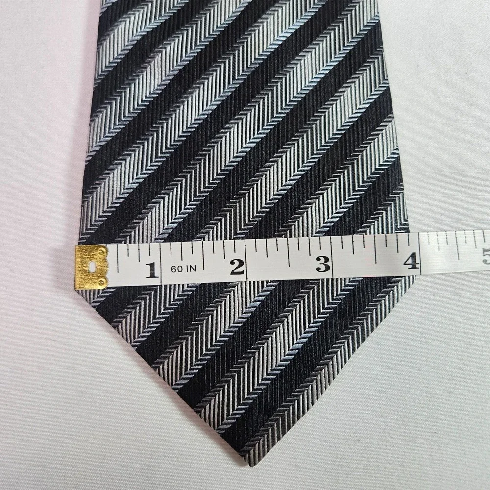 Cezani 100% Silk Hand Made Tie Black‎ Gray Stripes 4